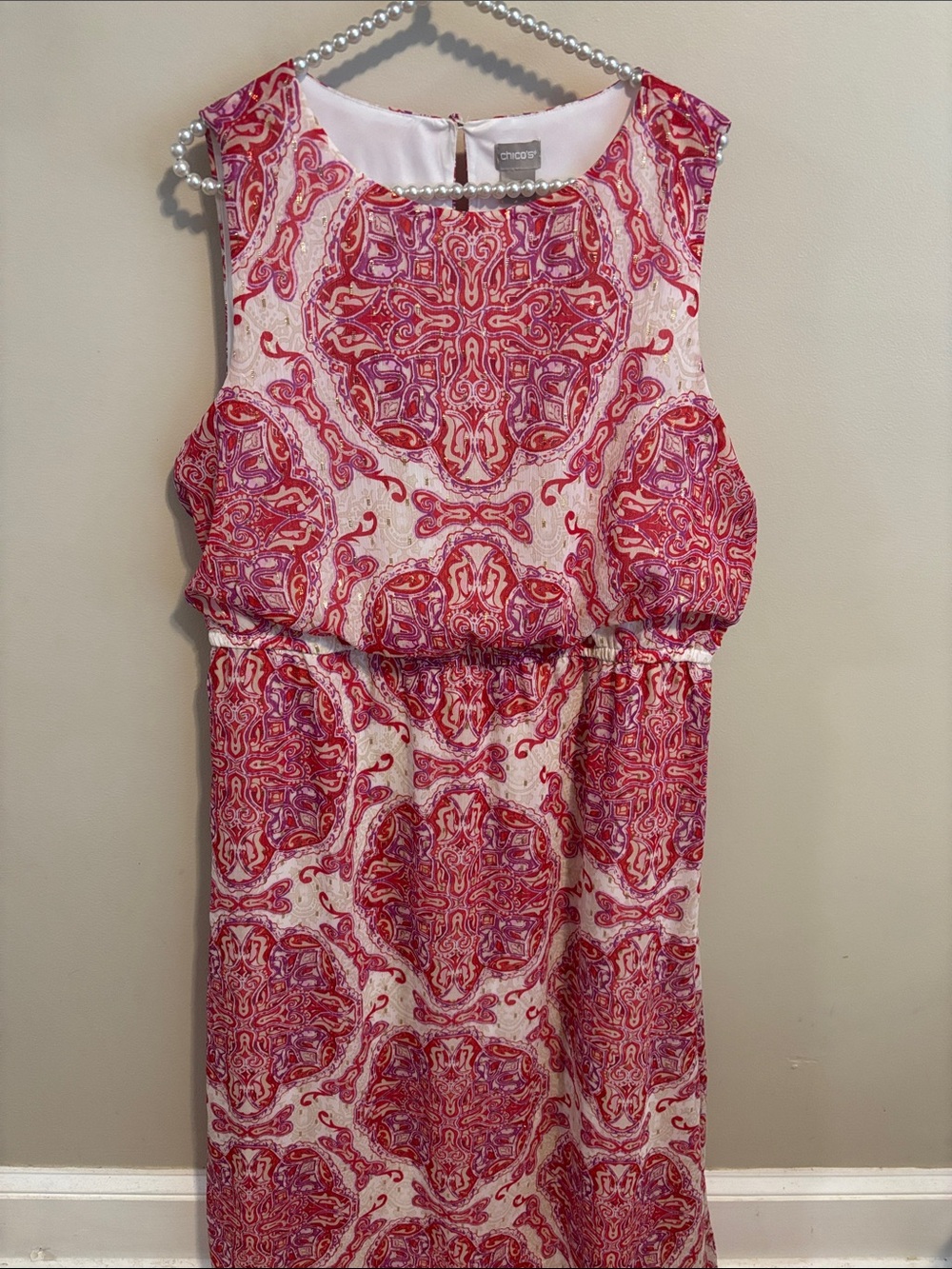 Chicos Maxi Dress Womens Size 3 XL 16 Sleeveless Pink Red Paisley Medallion Boho